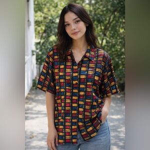 Vintage 90s Silk Blouse Med Multicolor Geometric Button Up Retro Statement Top